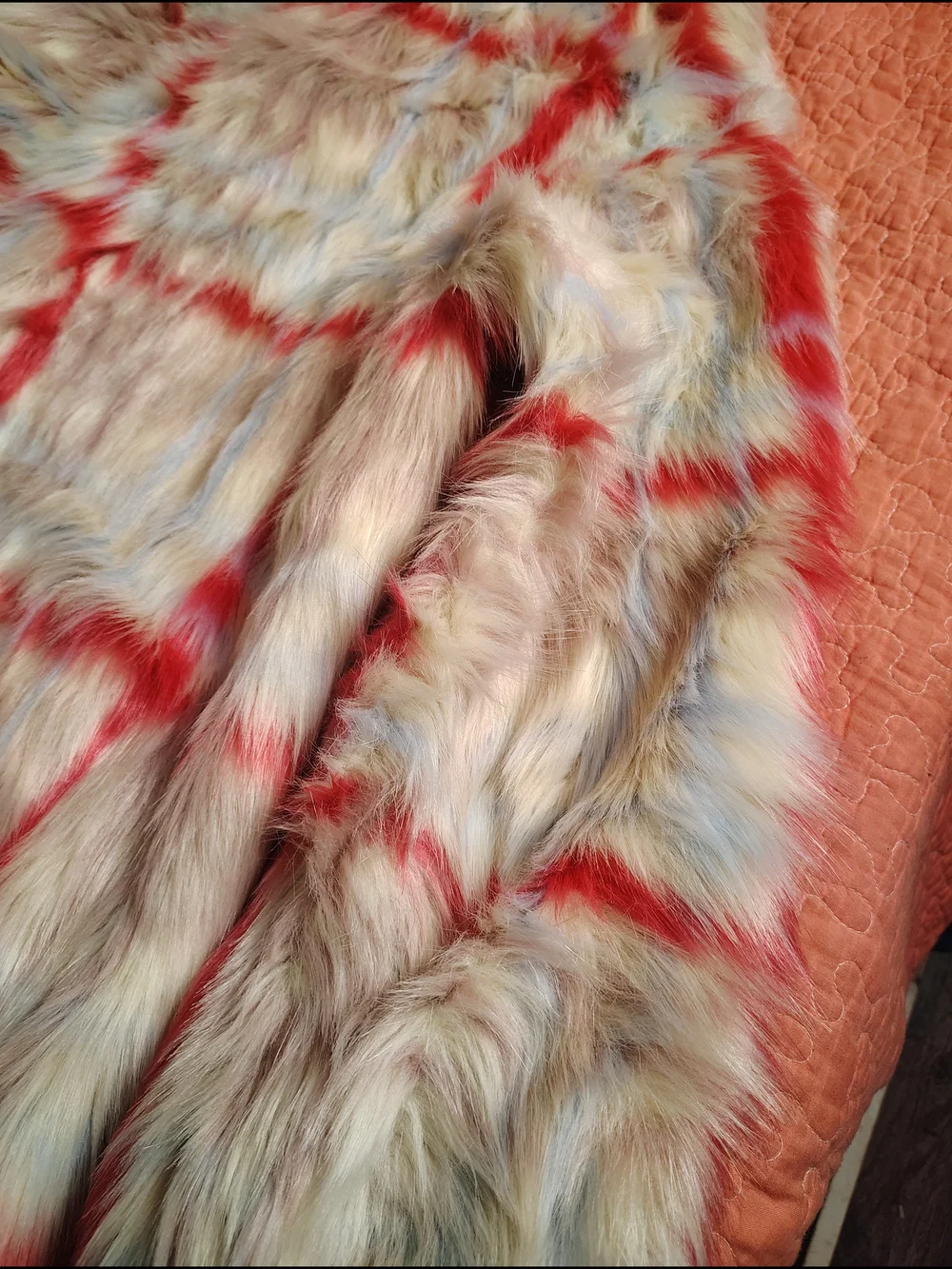 NVLT Girls Faux Fur Plaid Pea Coat in Cream, Red & Tan